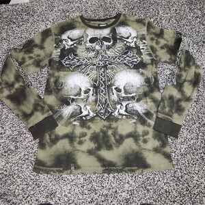 Vtg Y2K MMA Elite Thermal Long Sleeve Skull Cross Tribal Emo Grunge Camo Punk S